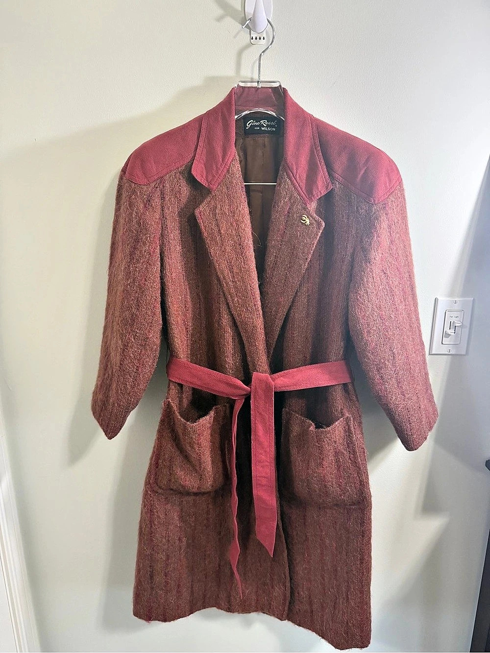 VTG Gino Rossi by Wilson Burgundy Belted Mohair Wool Blend Trench Coat 10